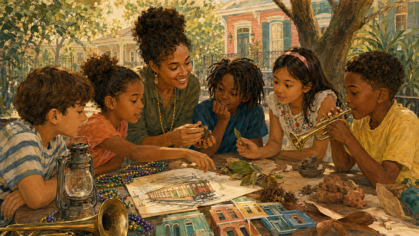 Children and a facilitator exploring New Orleans culture through creative materials